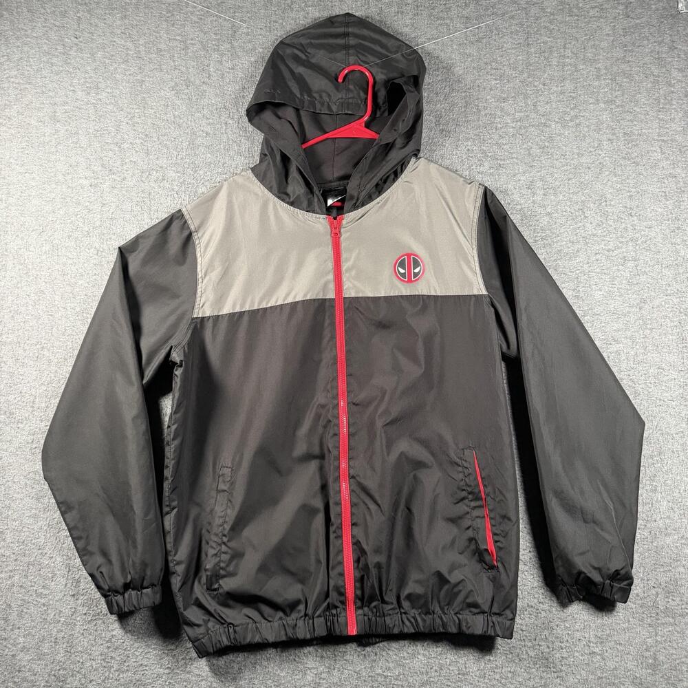 Marvel Jacket Mens Large Black Gray Full Zip Hooded Deadpool Windbreaker Logo